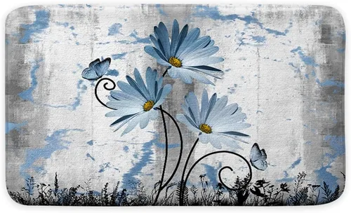 Miniatura 3 de Alfombra de baño rústica de granja, diseño de margaritas y mariposas en madera de campo, tapete de baño de madera color gris, blanco, azul marino
