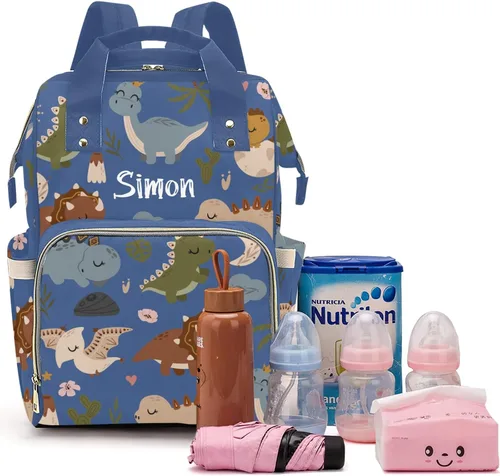 Miniatura 19 de Linda bolsa de pañales personalizada de dinosaurio tropical de gran capacidad para bebé, niño y niña, impermeable, con nombre personalizado, mochila
