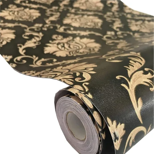 Miniatura 3 de MyFun Papel tapiz de damasco floral de lujo negro y dorado de 11 yardas, calcomanías de papel de pared de contacto extraíbles vintage para muebles