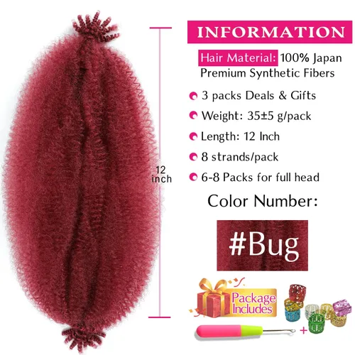 Miniatura 2 de Cabello Afro Twist de 12 Pulgadas 3 Paquetes, Cabello Afro Twist Elástico Pre-Esponjado Cabello Spring Twist Pre-Separado Cabello para Envolver