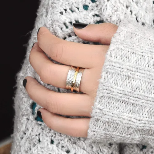 Miniatura 4 de Boho-Magic Anillo giratorio de plata de ley 925 para mujer con anillo antiestrés de latón, banda de flores