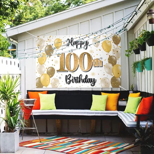 Miniatura 5 de Decoraciones de Feliz Cumpleaños 100, Globo Dorado Grande 100 Pancarta de Cumpleaños Telón de Fondo Letrero - Salud por 100 Años Suministros