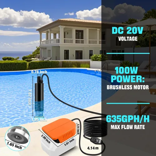 Miniatura 3 de Bomba de agua para batería Dewalt de 20 V XR, bomba sumergible portátil, pequeña bomba eléctrica inalámbrica de transferencia de agua de 500 GPH