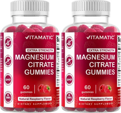Miniatura 10 de Vitamatic Gomitas de magnesio extra fuertes, 255 mg (magnesio elemental) por porción, 60 gomitas veganas que apoyan la relajación, la función