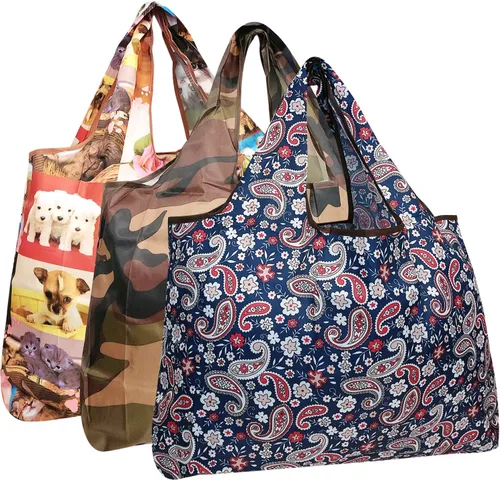Miniatura 12 de alldyrew - Bolsa plegable para compras, reutilizable de nailon grande, 3 unidades Deliciosos alimentos