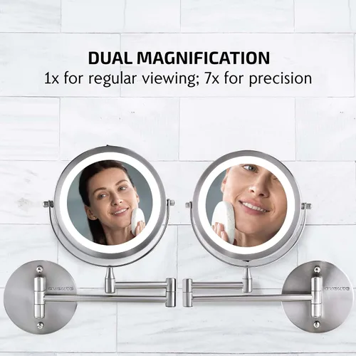 Miniatura 2 de Espejo de maquillaje iluminado OVENTE de 6.8" montado en pared, aumento 1X y 7X, LED doble cara ajustable y redonda, brazo extendible, retráctil
