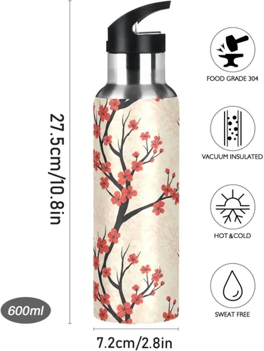 Miniatura 9 de Insulated Water Bottle 20 Oz, BPA-Free Sport Water Bottle for Gym Outdoor Travel School, Red Cherry Blossoms Dots