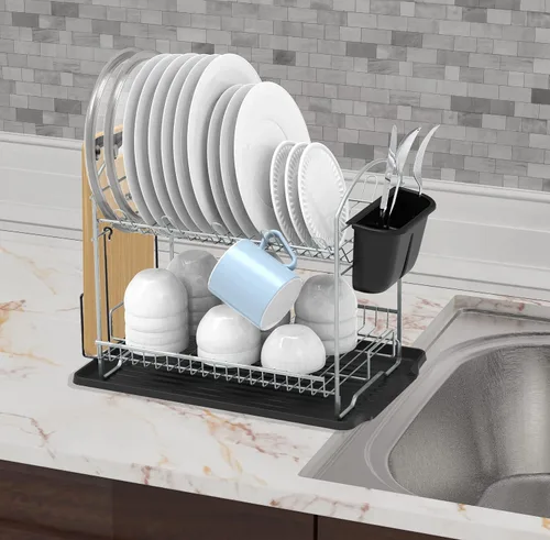 Miniatura 3 de Simple Houseware Secador de platos de 2 niveles con escurridor, plateado Plata