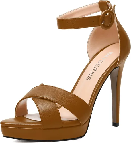 WAYDERNS Sandalias de tacón alto con hebilla para mujer, color liso, puntera abierta, plataforma mate, tacón alto, 4.7 pulgadas