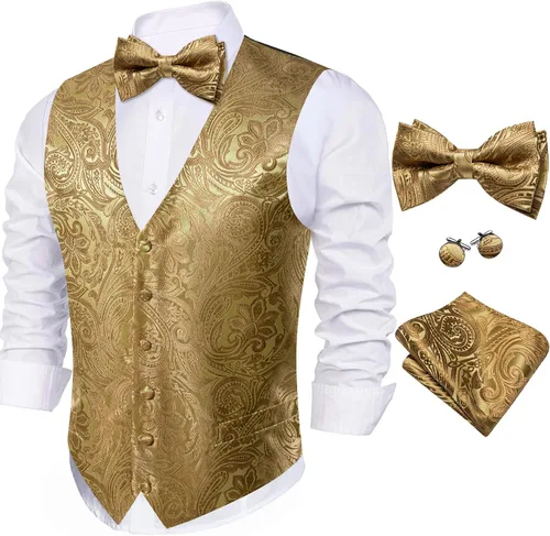 Miniatura 46 de Barry.Wang Conjunto de chaleco de pajarita para hombre, chaleco con cuello en V de seda jacquard de cachemira, gemelos de pañuelo formal/ocio, boda