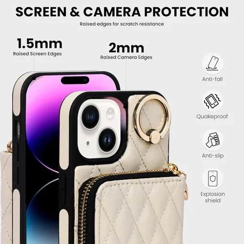 Miniatura 5 de Funda tipo cartera para iPhone 15 de 6.1 pulgadas, bolso cruzado con cremallera y correa para la muñeca con cordón para mujer, tarjetero con bloqueo