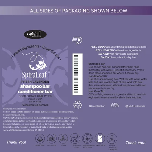 Miniatura 6 de SpiraLeaf Juego de barra de champú y acondicionador, aceites esenciales puros de lavanda fresca, aroma ligero, ingredientes limitados, fórmula