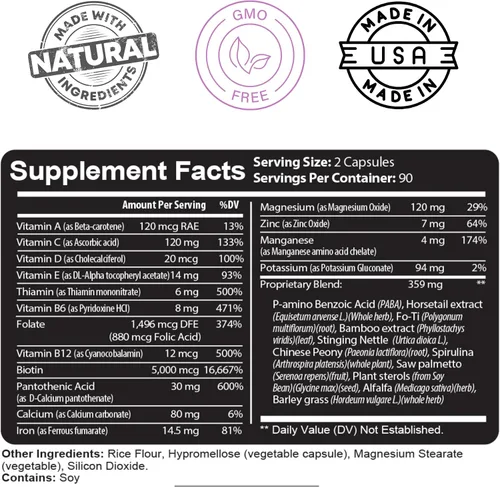 Miniatura 3 de Kaya Naturals Cápsulas de uñas para el cabello y la piel BIOTINA Vitamina D Vitamina B-12 A Soporte de ácido fólico, suplemento vitamínico de apoyo