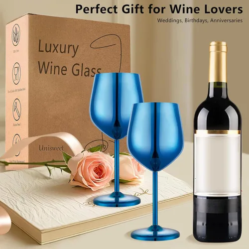 Miniatura 5 de UNISWEET Juego de 4 copas de vino de acero inoxidable irrompibles azules de 18 oz, copas de vino únicas de metal para exteriores, viajes, camping