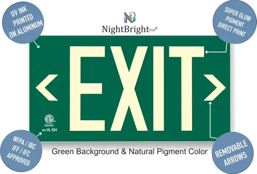 Miniatura 3 de Letrero de salida fotoluminiscente verde – Aprobado por código de aluminio UL 924 / IBC/NFPA 101 NightBright USA Número de pieza ULG-050