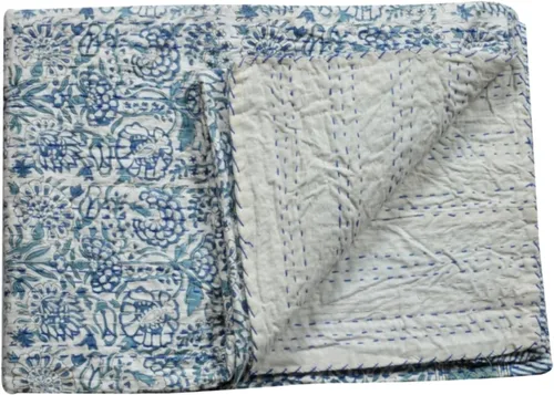 Miniatura 2 de YUVANCRAFTS Manta de algodón con estampado de bloques de mano india Kantha, tamaño Queen (blanco, individual de 90 x 60 pulgadas)