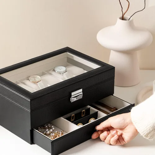 Miniatura 3 de Oyydecor Caja de reloj con 12 ranuras para relojes, organizador de joyas con cajón de joyas para almacenamiento y exhibición con cerradura (beige)