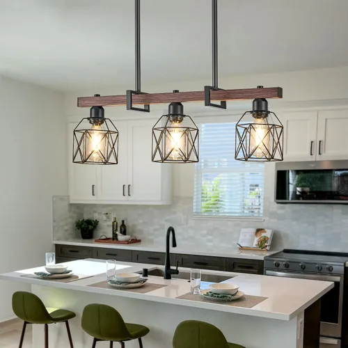 Miniatura 3 de Lámpara colgante industrial vintage de 3 luces sobre mesa, luz colgante ajustable con acabado de nogal y marco de metal negro mate, base E26