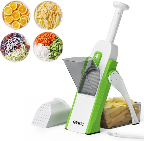 QYKIC Rebanadora de Mandolina Segura 5 en 1 Cortador de Verduras Cortador de Alimentos y Papas, Tiras Juliana Cortador en Cubitos Grosor Ajustable