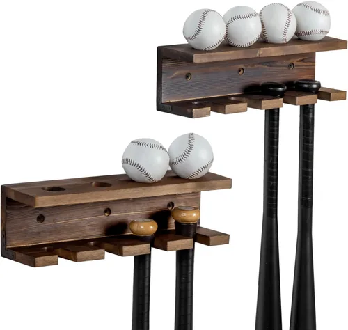 Miniatura 8 de MyGift Soporte de madera para bate de béisbol y estante de exhibición de bolas, estantes flotantes de recuerdos deportivos montados en la pared