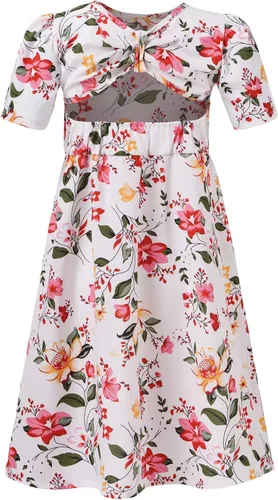 Miniatura 2 de SANGTREE Vestido floral de manga corta con corte en la espalda para niñas, 3-14 años