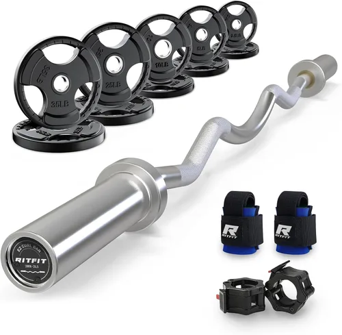Miniatura 12 de RitFit Barra de rizo EZ de 2 pulgadas con pesas, barra olímpica de capacidad de 350 libras para bíceps y tríceps, entrenamiento de fuerza