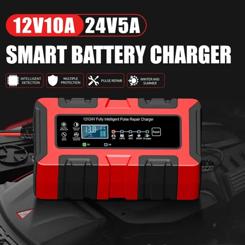 Miniatura 2 de Cargador de batería inteligente de coche de 12 V/24 V, mantenedor de 10 amperios y cargador de goteo, desulfatador con compensación de temperatura