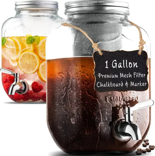 Cafetera de infusión de café frío de 1 galón - Filtro de malla fina de 3ª generación - Grifo de acero inoxidable - Jarra dispensadora de vidrio