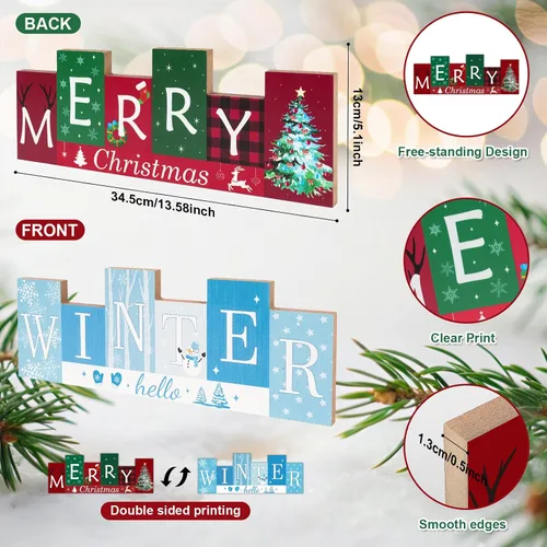 Miniatura 7 de Decoraciones de mesa de Navidad, centros de mesa de invierno de madera, Feliz Navidad, reversible, patrón de doble cara, letrero de pie para mesa