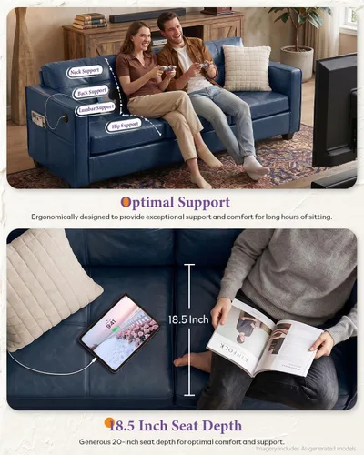Miniatura 4 de TYBOATLE Sofá de dos plazas de piel sintética de 65 pulgadas para dormitorio, moderno y cómodo sofá de mediados de siglo con puertos de carga USB