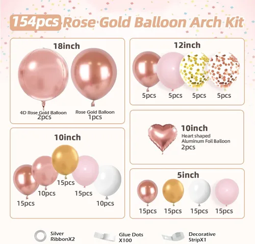 Miniatura 2 de Kit de guirnalda de arco de globos de oro rosa de 157 piezas, globos metálicos de oro rosa y oro rosa blanco para cumpleaños, baby shower, despedida