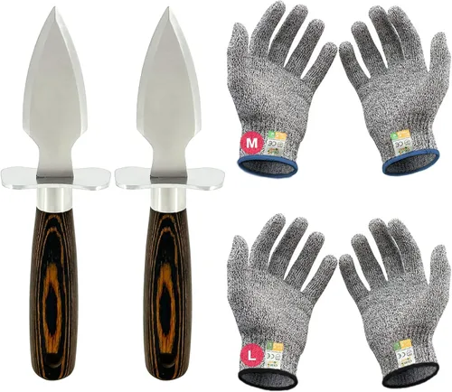 Miniatura 7 de MYBMHTNB Juego de cuchillos para ostras de acero inoxidable de 2 piezas y 2 pares de guantes resistentes a cortes de nivel 5, cuchillos para ostras