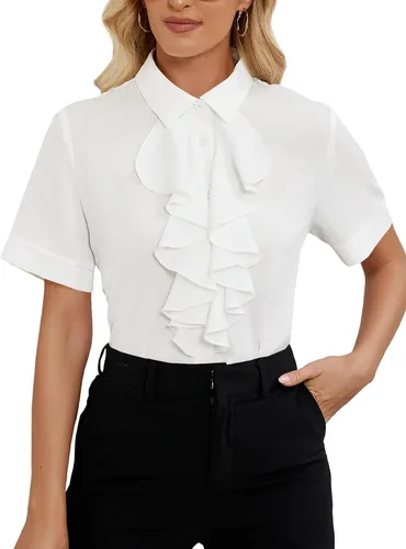 Miniatura 27 de Vrtige Women's Ruffle Front Collar Neck Button Down Short Sleeve Blouse Shirt Top