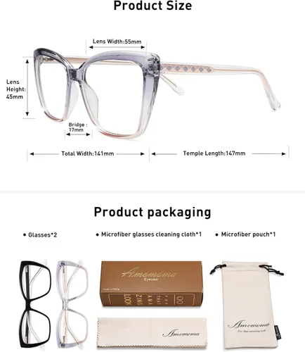 Miniatura 6 de AMOMOMA Trendy TR90 Gafas de Lectura Grandes con Filtro de Luz Azul para Mujeres, Elegantes Gafas Cuadradas Tipo Ojo de Gato AM6031 C1.negro+c3.gris