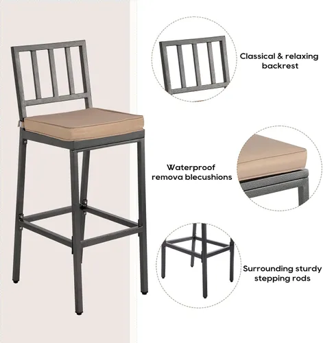 Miniatura 4 de Sillas y mesa de bar al aire libre, juego de bar de metal para patio con taburetes y cojines para patio trasero, porche, bistró, balcón