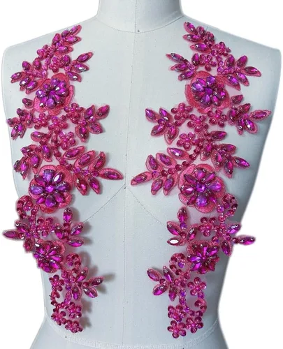 Miniatura 19 de 1 par de parches de encaje con cristales brillantes, cuentas de vidrio y piedras, para coser a mano, accesorios para decoración de vestidos de novia