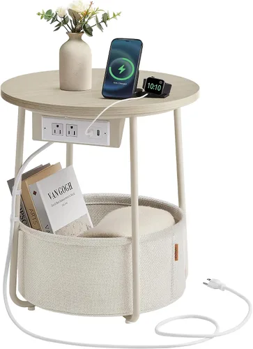 VASAGLE Colección LILEA - Mesa auxiliar con estación de carga, mesa auxiliar redonda con cesta de tela, mesita de noche con puertos USB, para sala