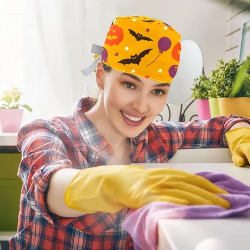 Miniatura 5 de Paquete de 2 gorras quirúrgicas para mujer con botones, ajustables y elásticos con lazo en la espalda, gorro quirúrgico de muñeco de nieve de Navidad