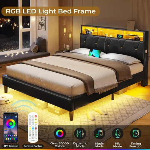 Miniatura 3 de BTHFST Marco de cama tamaño completo con luces LED y estación de carga, marco de cama LED tamaño completo con almacenamiento de cabecero, cama