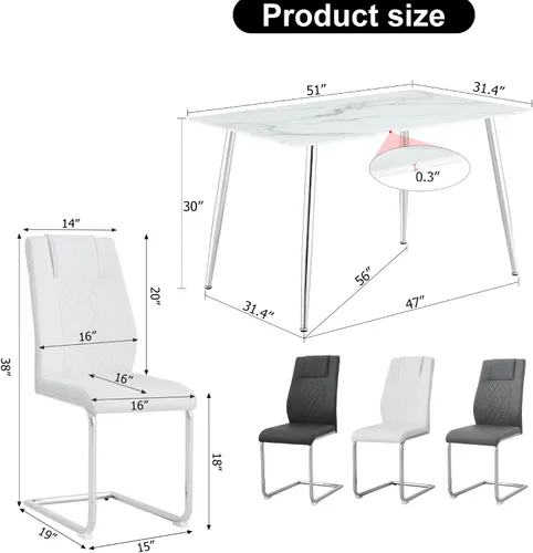 Miniatura 6 de Juego de mesa de comedor en blanco y negro de 51 pulgadas para 4, mesa de cristal minimalista moderna y 4 sillas tapizadas de piel sintética