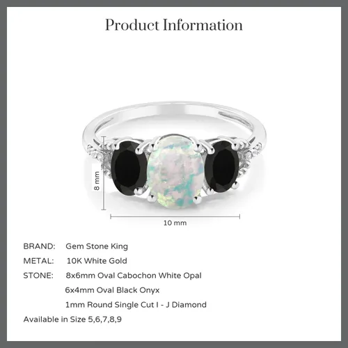Miniatura 4 de Gem Stone King Anillo de compromiso de oro blanco de 10 quilates con ópalo blanco simulado de ónix negro y diamante con acento de 3 piedras