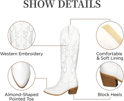 Miniatura 4 de STALOV Botas vaqueras para mujer, botas de tacón grueso hasta la rodilla, botas vaqueras con punta occidental, botas bordadas de gamuza