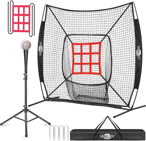 Miniatura 10 de Red de práctica de béisbol de 7 x 7 pies para golpear y lanzar, red de entrenamiento con zona de ataque grande o camiseta de bateo y objetivo de 9