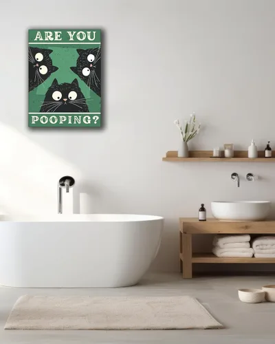 Miniatura 6 de UPWOIGH Decoración artística para pared de baño, arte divertido de pared con diseño de gato negro Are You Pooping, lienzo enmarcado de madera