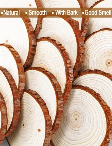 Miniatura 8 de wohohoho 32 piezas de rodajas de madera natural de 2.8-3.2 pulgadas, kit de madera para manualidades sin terminar preperforado con agujero, círculos