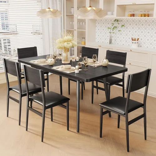 Miniatura 5 de Ahomly Juego de mesa de comedor extensible de 7 piezas con 6 sillas acolchadas, juego de mesa de comedor de 63 pulgadas para 4-6, juego de mesa