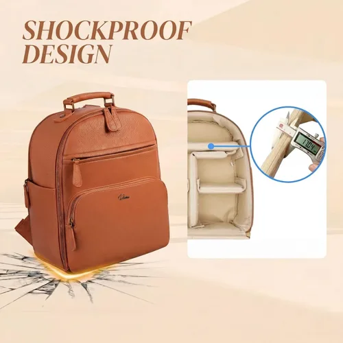 Miniatura 4 de Mochila pequeña para cámara, cuero PU clásico para DSLR, bolsa de cámara profesional para fotógrafos con compartimento para almohadilla/tableta