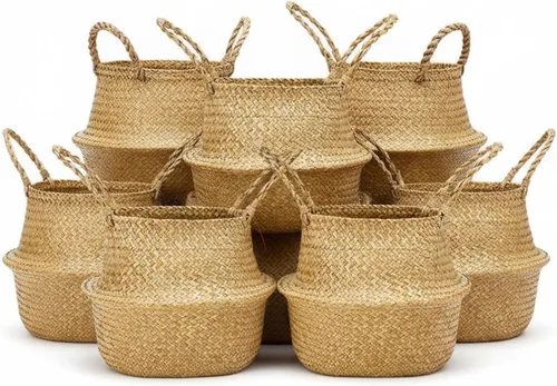Miniatura 8 de Qunclay 4 Cestas Tejidas de Hierba Marina Belly Basket Plegable Boho Natural Maceta con Asas Redonda Decorativa de Mimbre Grande para Interiores