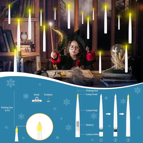 Miniatura 2 de Decoraciones de Halloween, velas flotantes con varita, velas colgantes mágicas parpadeantes, luz cálida, sin llama, con control remoto de varita