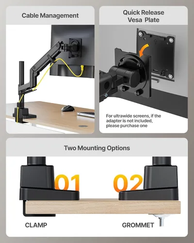 Miniatura 7 de monTEK Brazo para monitor ultra ancho de 17-57 pulgadas para pantallas de hasta 59.4 libras, soporte ajustable de pantalla curva única de aluminio